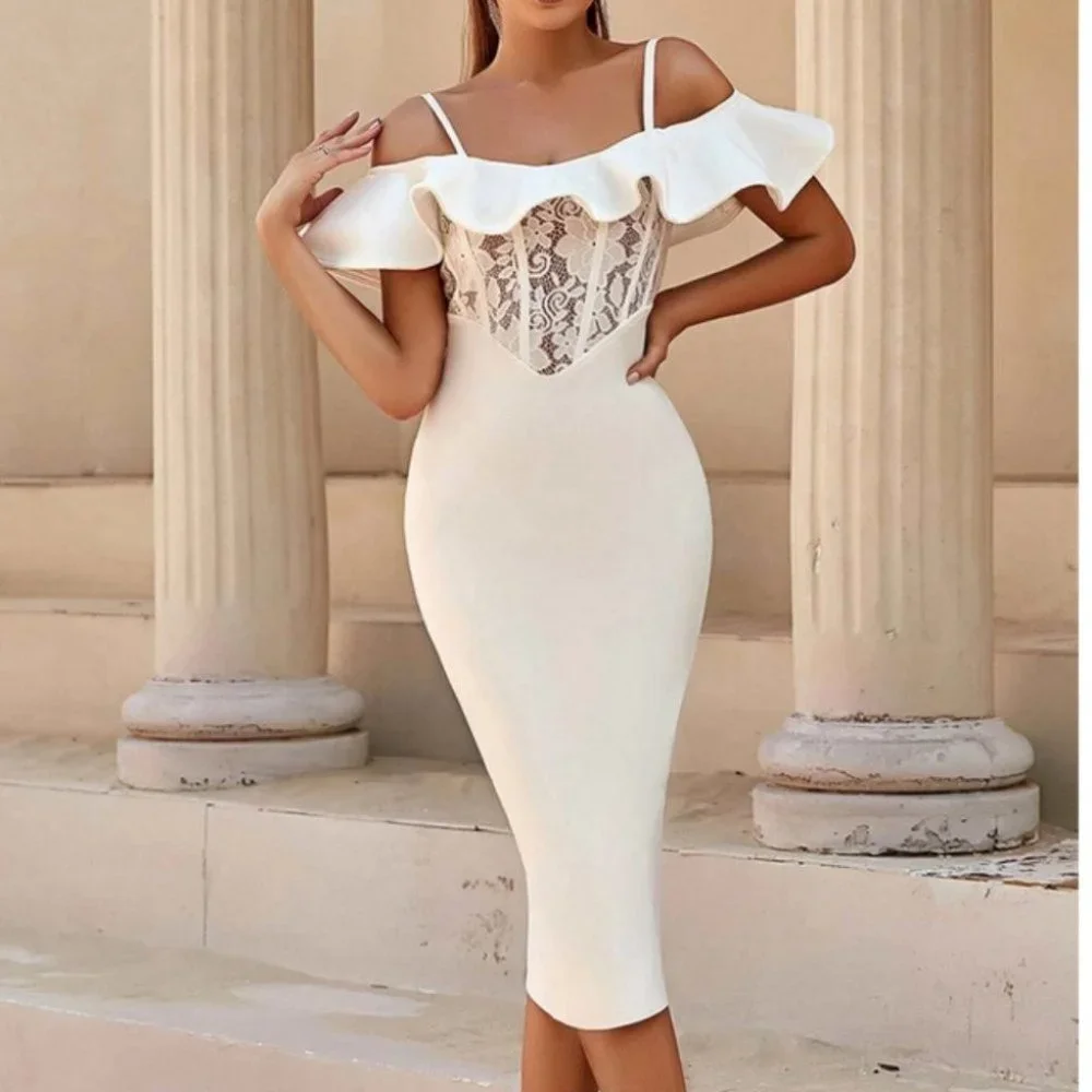 white lace front ruffle trim bodycon dress classy sassy sexy elegant holiday - Picture 4 of 6
